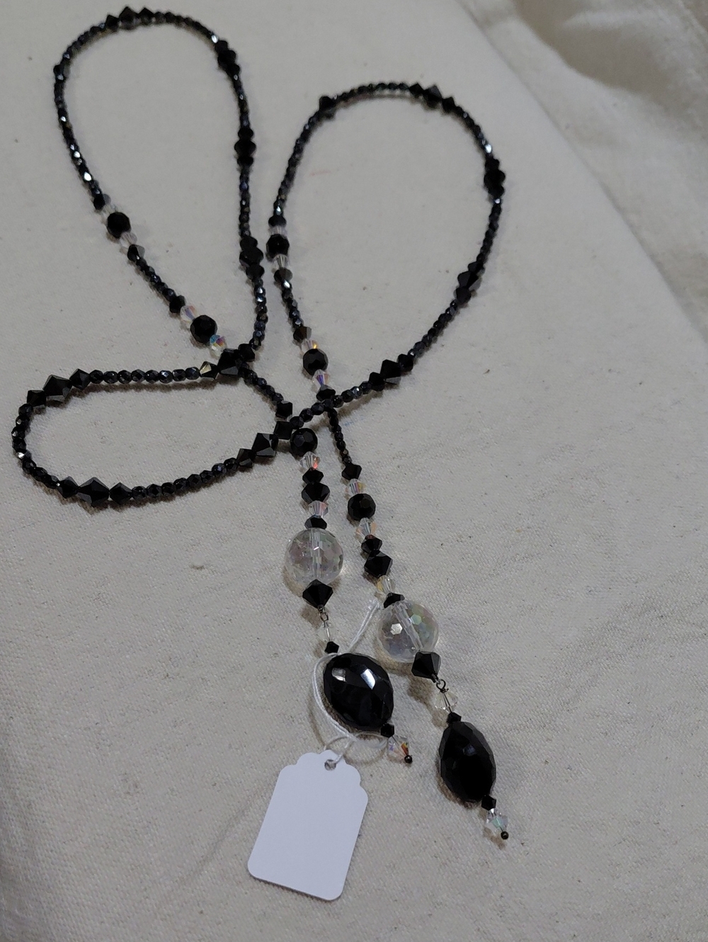 Handcrafted Black Crystal Lariat Necklace